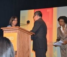 Jaya Padmanabhan receiving the 2012 New America Media First Place Award